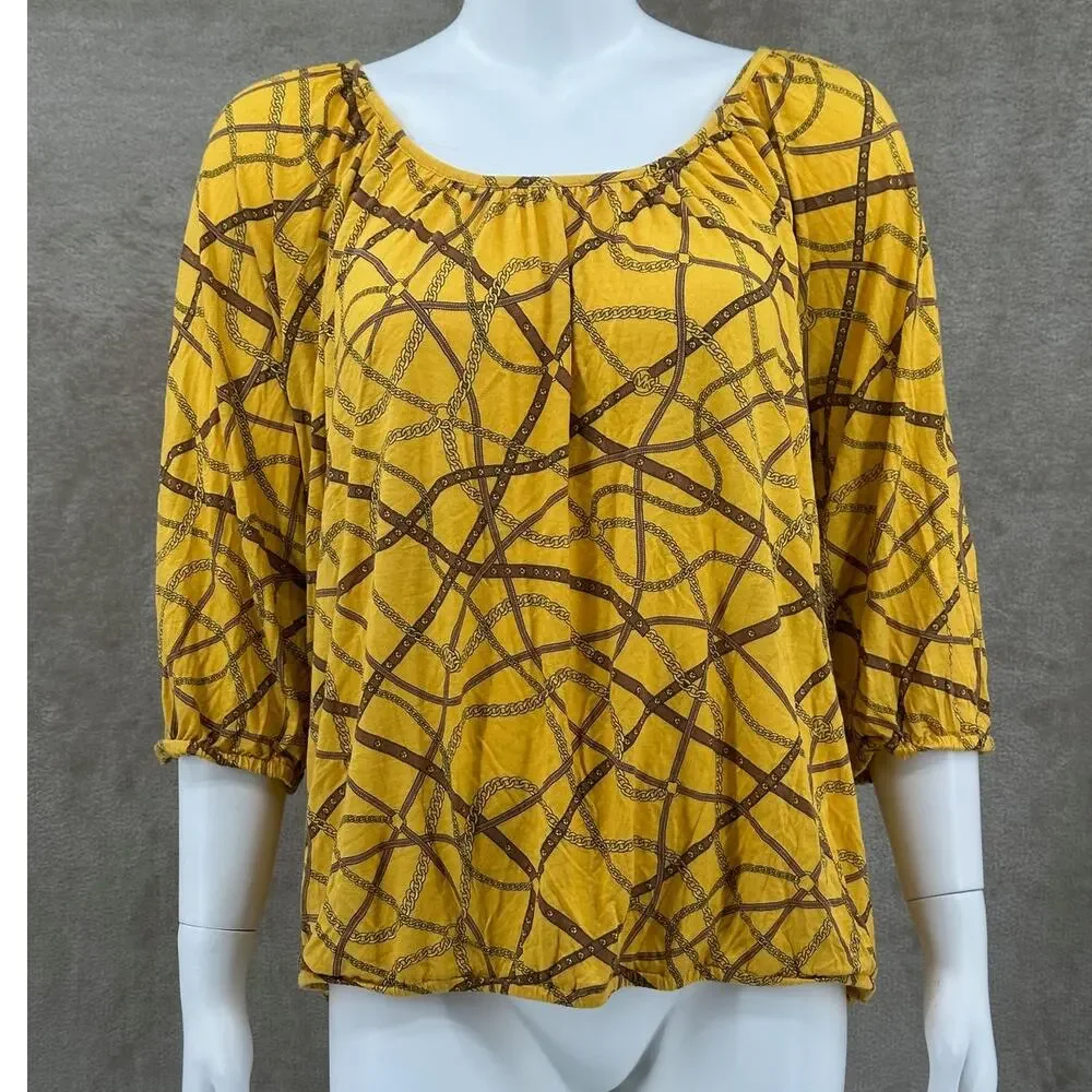 Michael Kors Top Women 2X Gold Chain Print Logo Equestrian Western Preppy Office